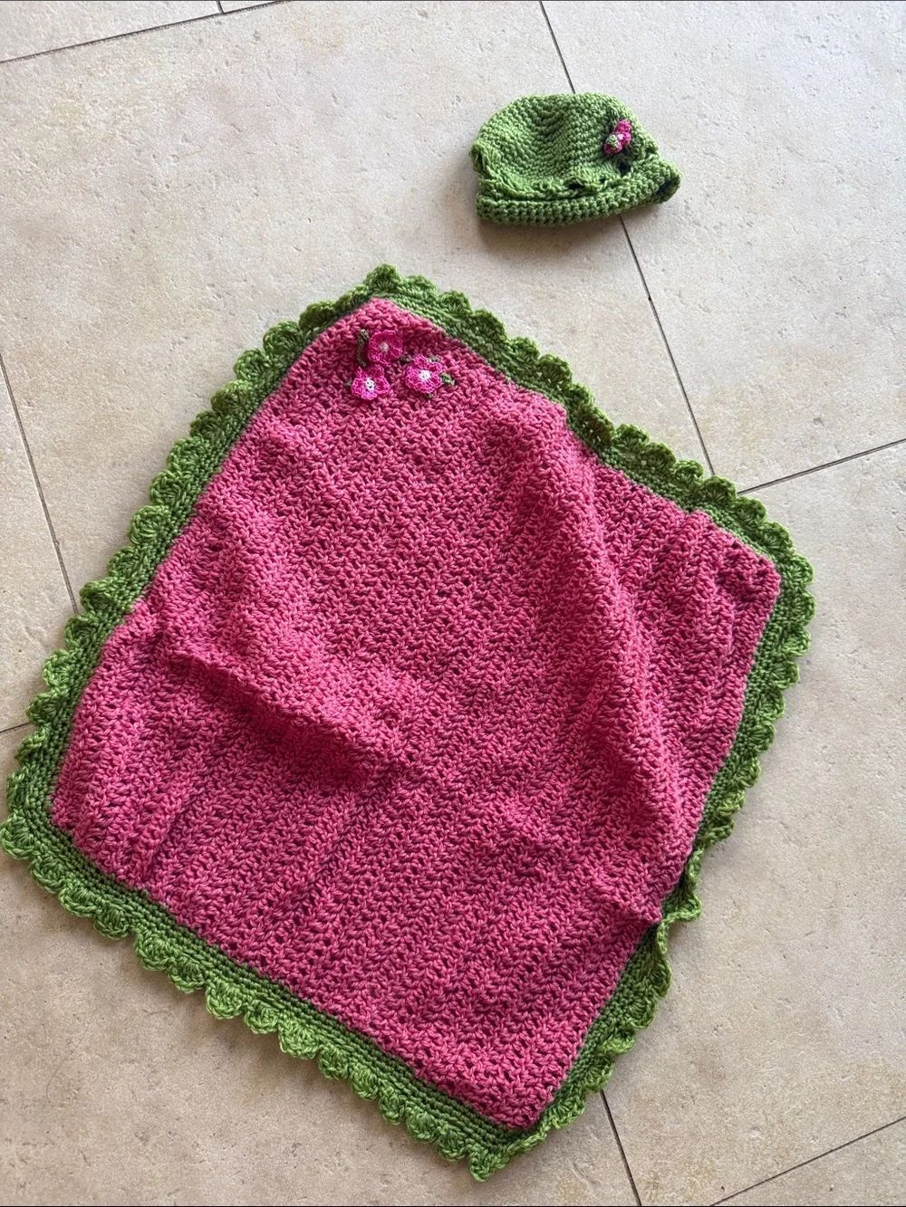 Handmade Pink & Green Crochet Baby Blanket with Matching Hat - NEW